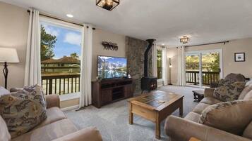 TV, fireplace, books, offices