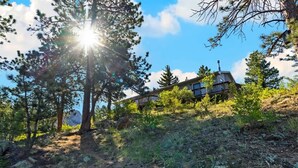 Een chalet met een terras dat uitkijkt over een bebost gebied, omringd door bomen en een heldere lucht.