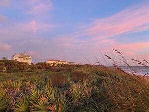 A coastal property with a large house and multiple buildings, surrounded by lush vegetation and a beach in the background.