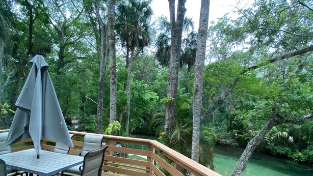 A wooden deck with a table and chairs, surrounded by tall trees and a body of water. -  Weeki Wachee river !! REAL FLORIDA! Read OUR  5 STAR REVIEWS (Spring Hill)