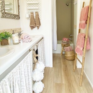 Hair dryer, towels, soap, toilet paper