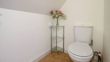 Een compacte badkamer met een wit toilet, een glazen plankje met een bloemenvaas, en een houten vloer.