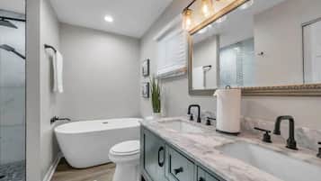 Hair dryer, towels, soap, shampoo