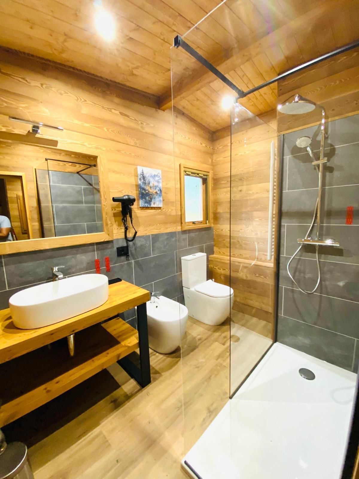 A modern bathroom with a wooden interior, a glass shower enclosure, a white sink, and a toilet.