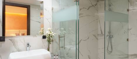 Shower, free toiletries, hair dryer, slippers