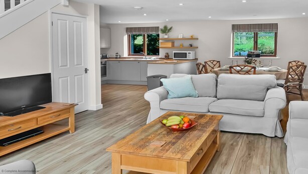 A modern living room with a flat-screen TV, a wooden coffee table with fruit, a grey sofa, and a dining area with a table and chairs.