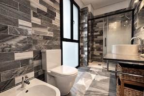 A modern bathroom with a toilet, bidet, and shower area.