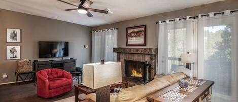 智能電視、壁爐、書籍