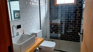 Hair dryer, towels, soap, toilet paper