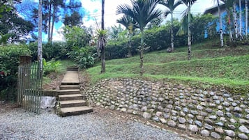 A pathway leading to a building with a stone wall and steps.