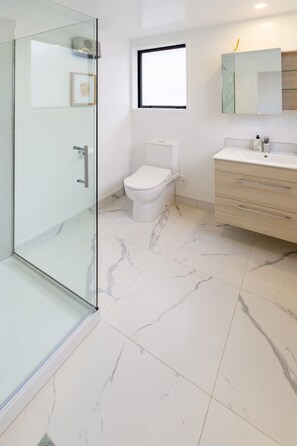 Hair dryer, towels, soap, shampoo