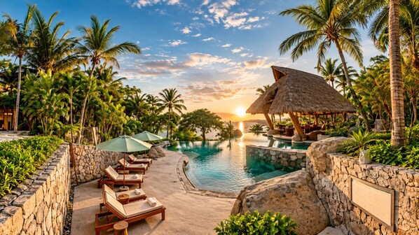 Een zwembadgedeelte van een resort met ligbedden, een rieten constructie en palmbomen.