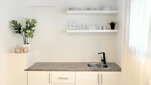 A modern kitchen with white cabinets, a granite countertop, a stainless steel sink, and a potted plant. - Filoenia In Center of Athens (Athens)