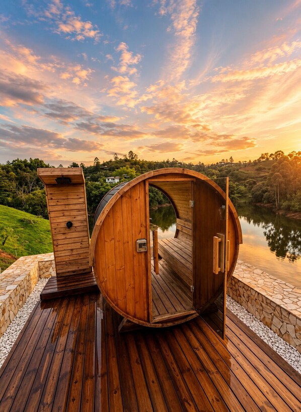 Une structure de sauna en bois, dotée d’une porte circulaire et d’une section rectangulaire séparée, est installée sur une terrasse en bois, avec un lac et de la verdure en arrière-plan.