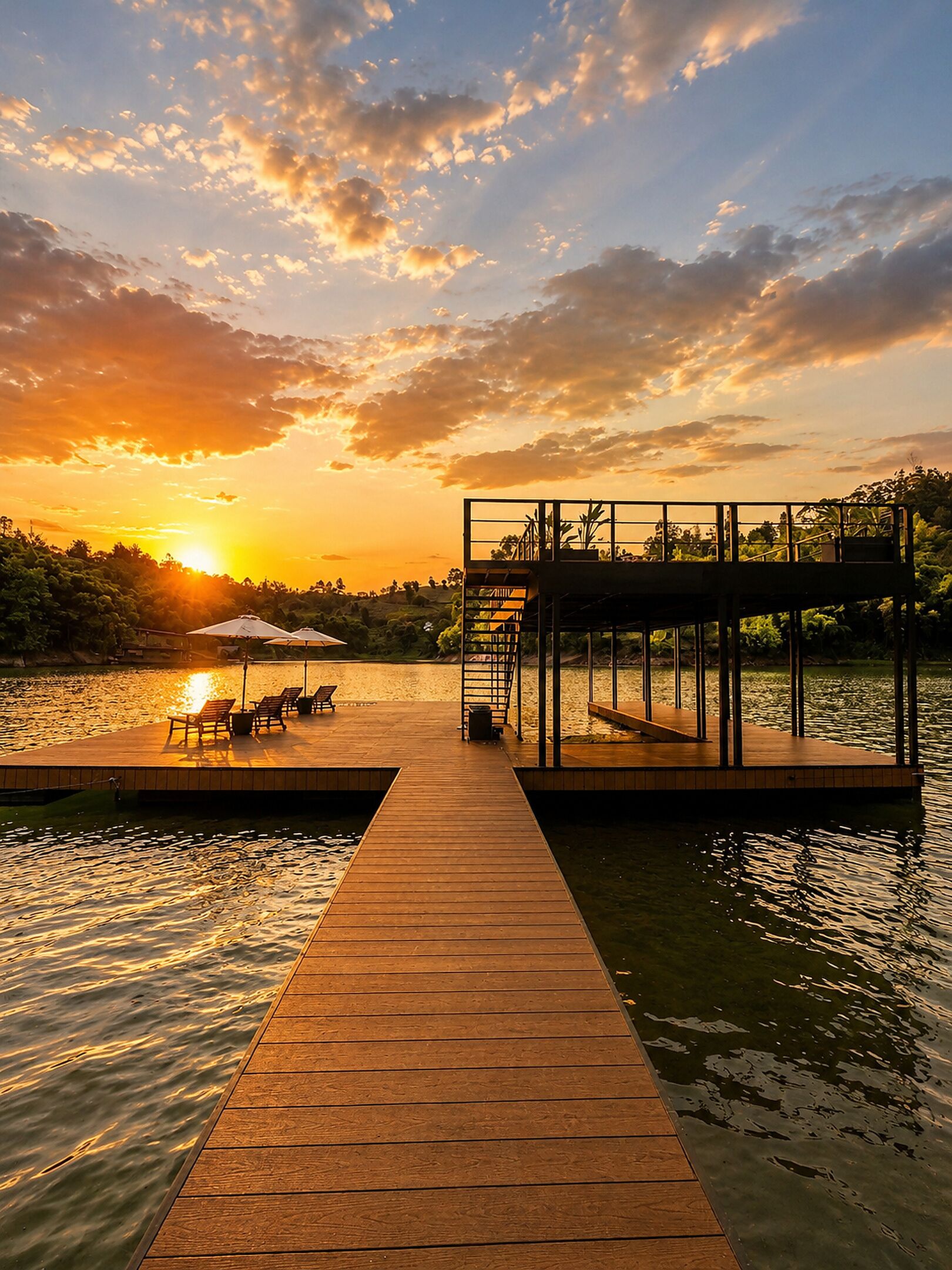 A wooden dock leading to a covered area with chairs and umbrellas, overlooking a body of water at sunset.