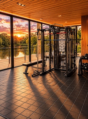 Une salle de sport avec vue sur un lac et sur le coucher de soleil.