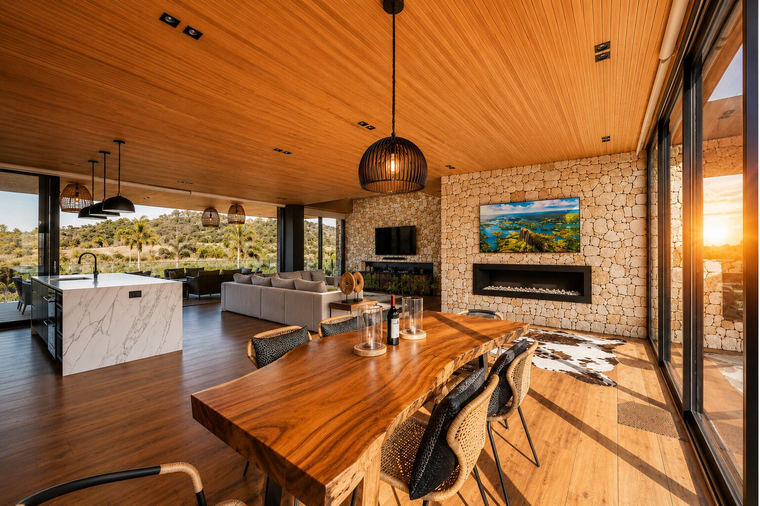 Architectural Dining Space With Sunset Glow