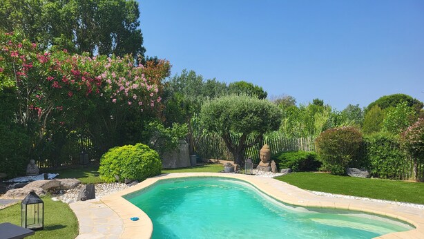 A swimming pool with a curved design, surrounded by a stone deck and lush greenery.