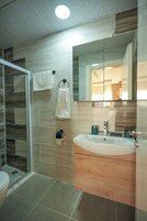 A modern bathroom with a glass shower enclosure, a sink with a wooden vanity, and a mirror above the sink.