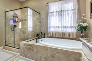 Hair dryer, towels, soap, shampoo