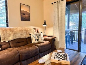 Smart TV, fireplace, books