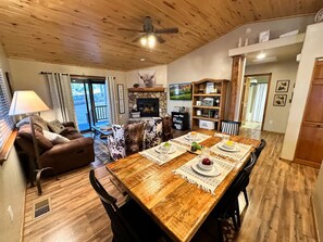 Smart TV, fireplace, books