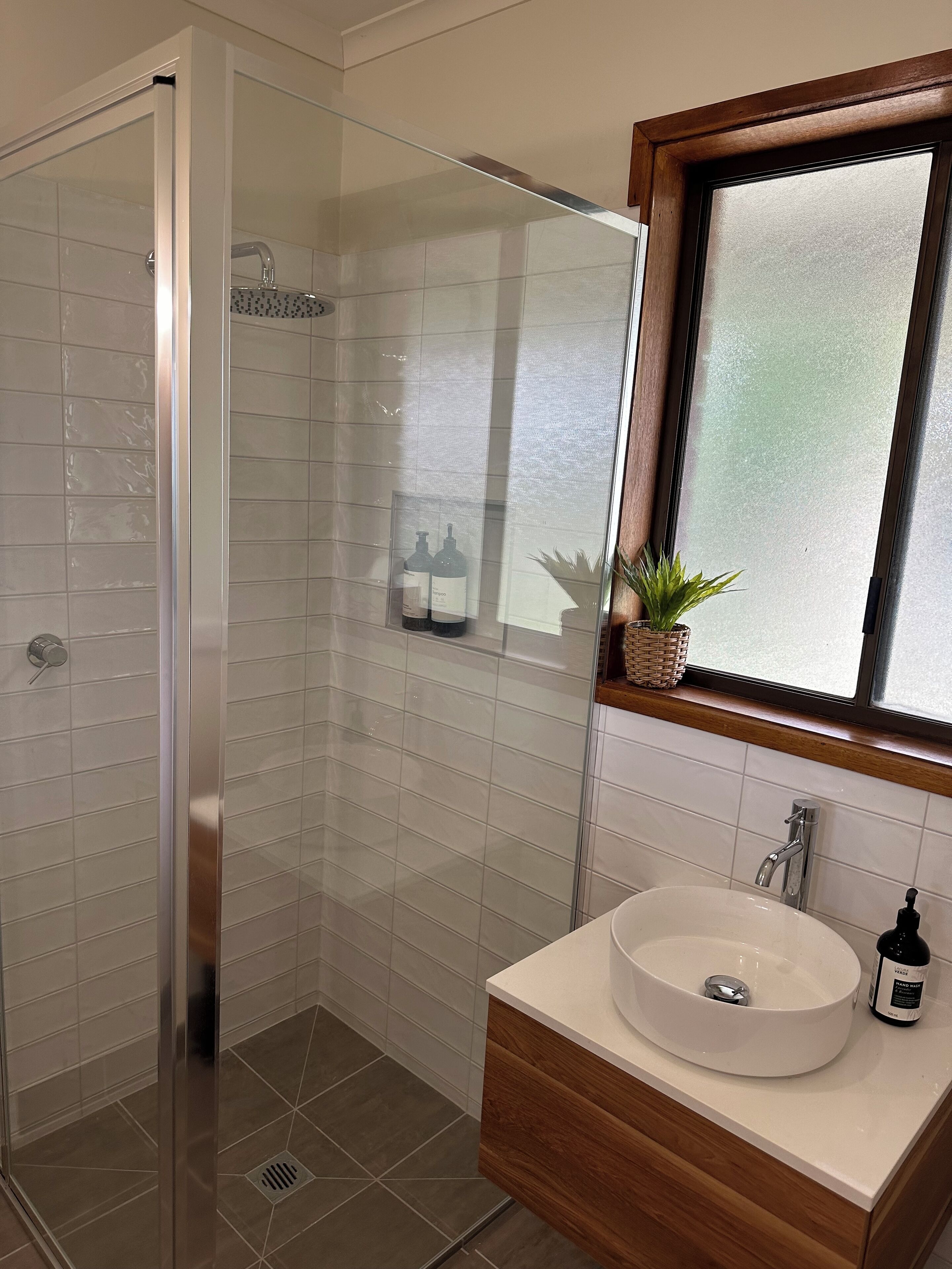 Hair dryer, towels, soap, shampoo
