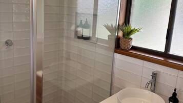 Hair dryer, towels, soap, shampoo