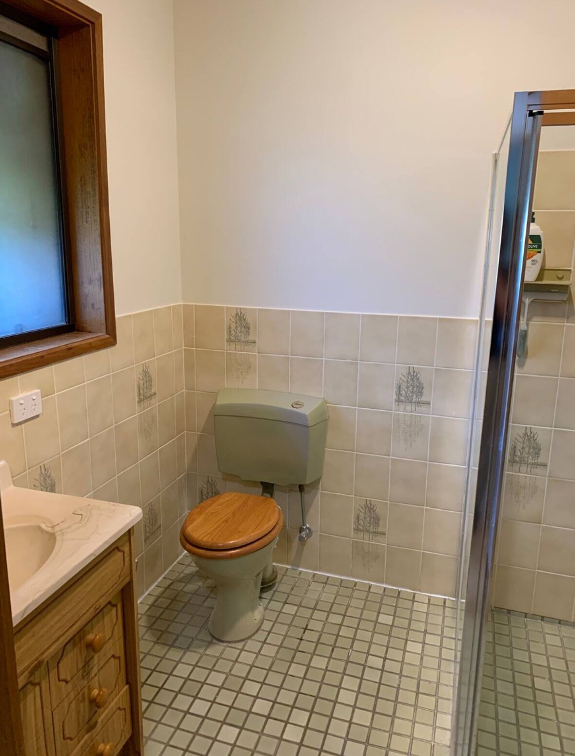 Ein Badezimmer mit Toilette, einem Holzschrank und einer Duschkabine.