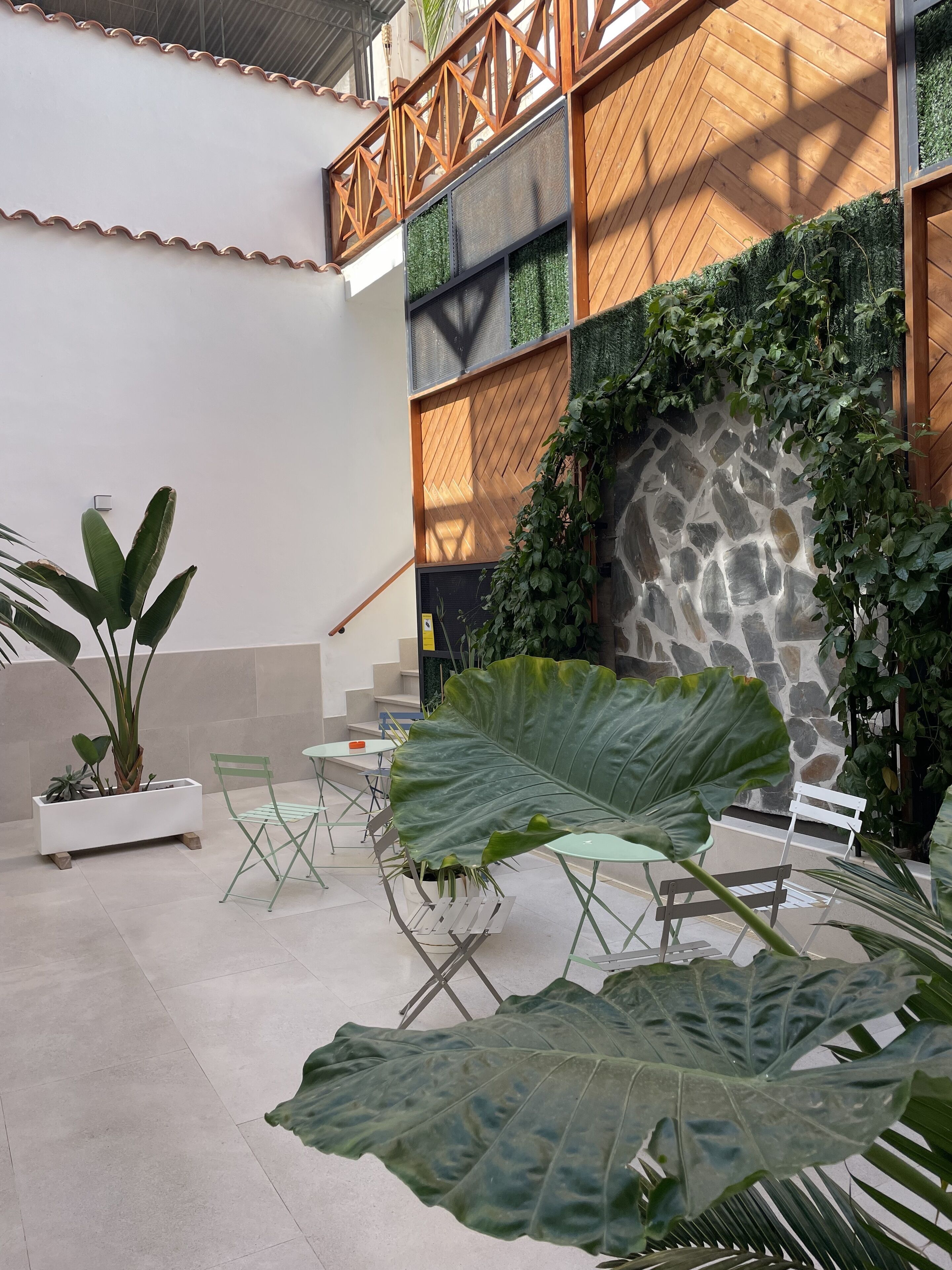 A spacious indoor courtyard with a large potted plant, a stone wall, and a wooden balcony railing.