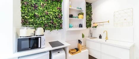 Fridge, microwave, stovetop, coffee/tea maker