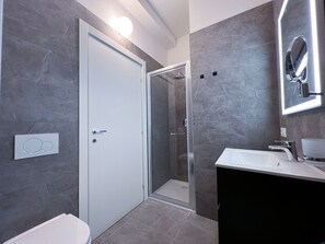 Shower, hair dryer, bidet, towels