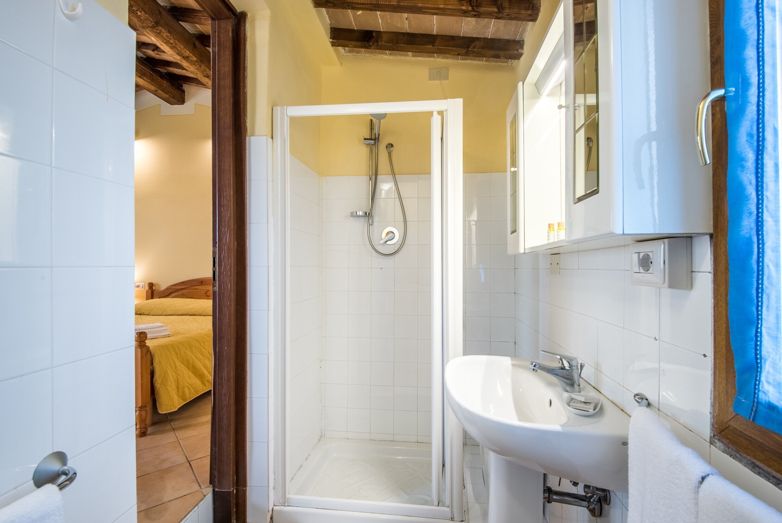 Une salle de bain avec une douche, un lavabo et un miroir.