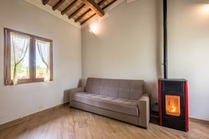 Ein Zimmer mit einer Couch, einem Kaminofen und einem Fenster mit Vorhängen.