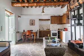 A rustic kitchen with stone flooring, wooden cabinets, and a stone sink. - Olive Guesthouse Junior Apartment with Sea View and Wi-Fi (Andros island)