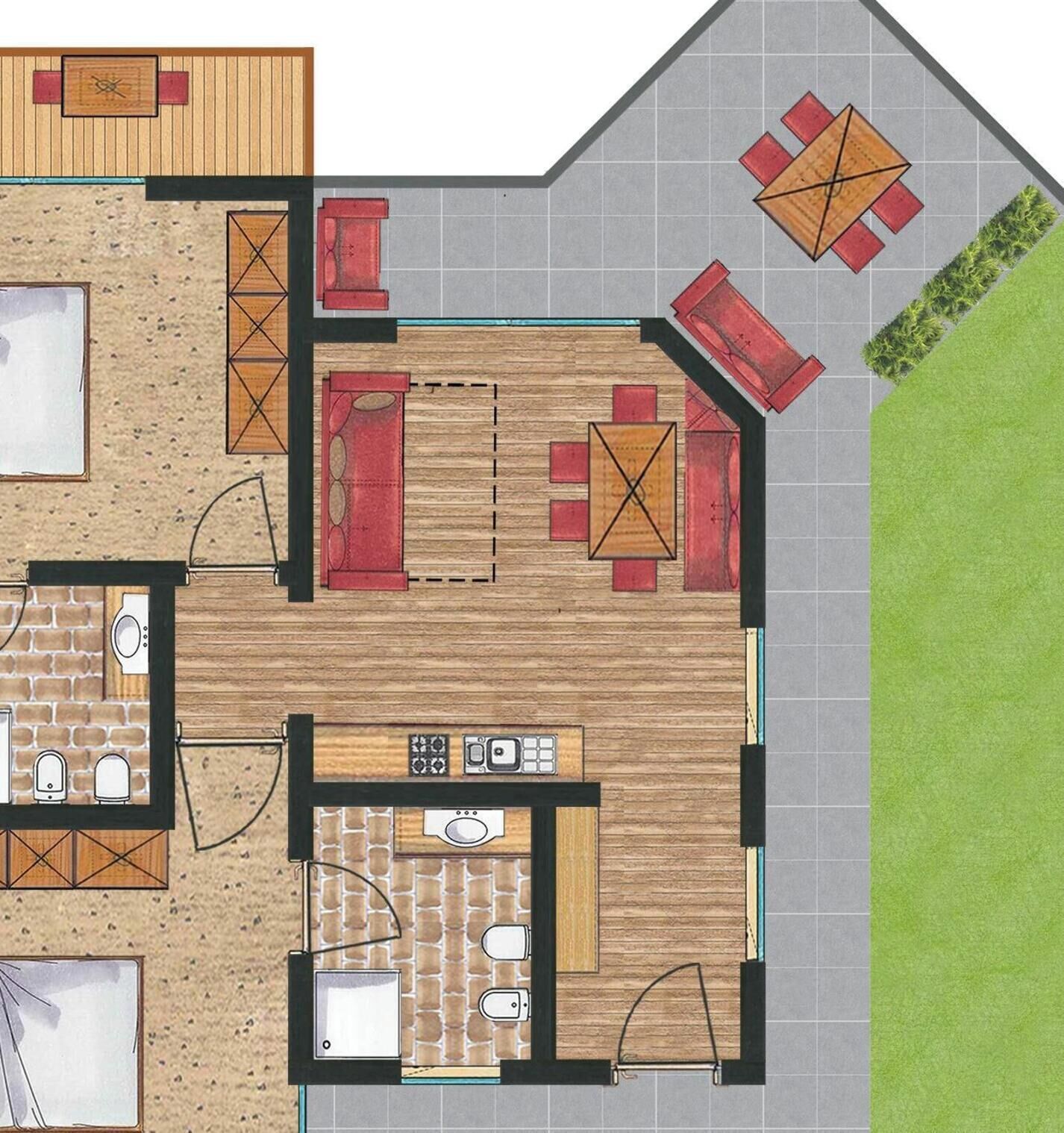 Een plattegrond van een huis met een keuken, een eethoek, twee slaapkamers, een badkamer en een klein terras.