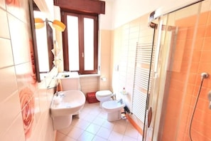 Regadera, secadora de cabello, bidet, toallas