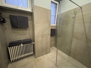 Regadera, secadora de cabello, toallas, jabón 