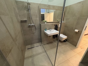 Shower, hair dryer, towels, soap