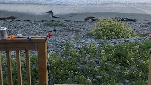 A wooden deck with a view of the ocean. - False Harbour Beach Paradise.
Directly on the beach.
worlds highest tides (Cape Forchu)