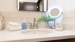 Une salle de bain équipée d’un lavabo, d’un miroir avec éclairage, d’un distributeur de savon, d’une plante et d’un distributeur de lingettes démaquillantes.
