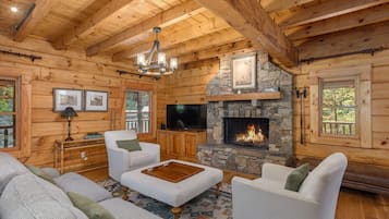 Smart TV, fireplace, books, computer monitors