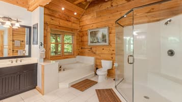 Jetted tub, hair dryer, towels, soap