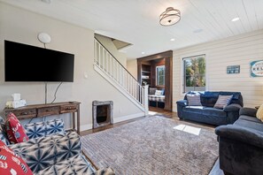 Smart TV, fireplace, video games, DVD player