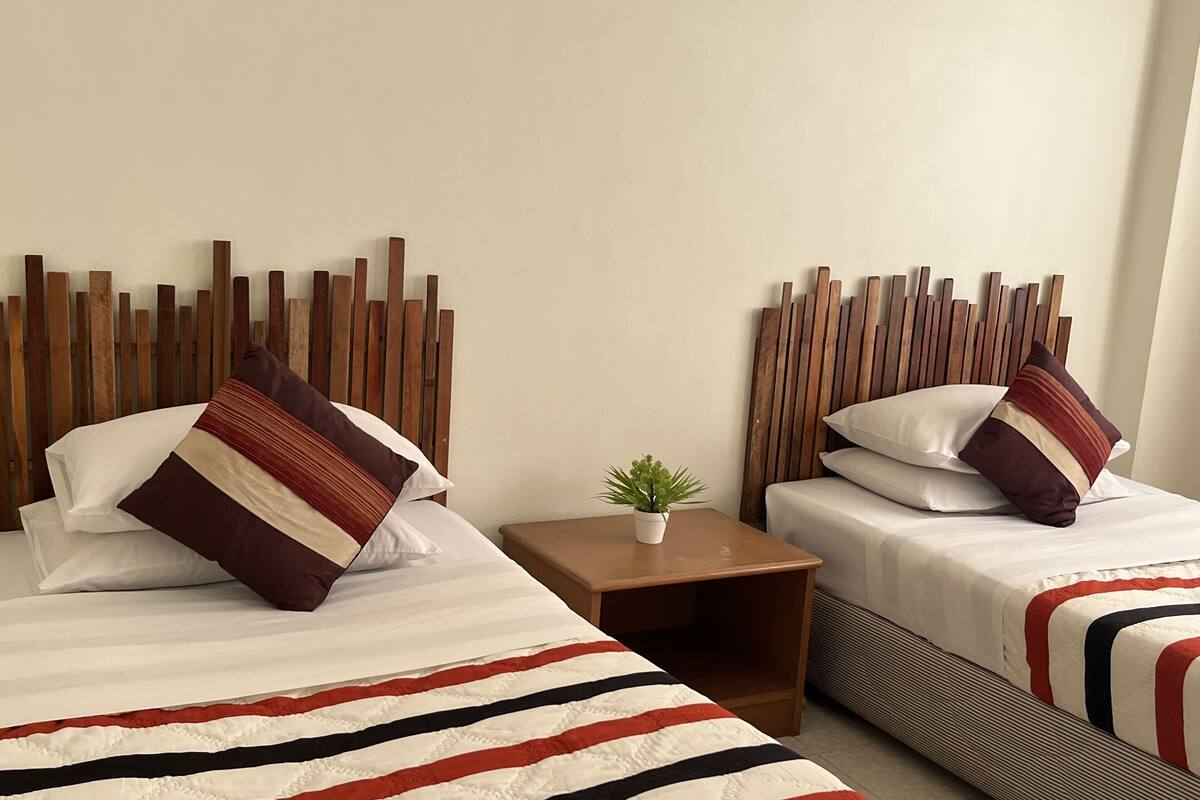 A hotel room with two beds, each with striped bedding and wooden headboards. There is a small table with a plant between the beds.