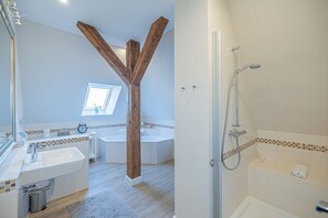 Shower, hair dryer, towels
