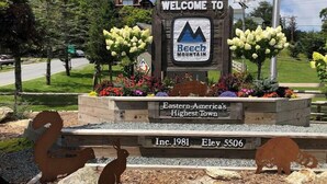 A welcome sign for Beech Mountain with a mountain logo, surrounded by flowers and decorative animal figures. - On Top Of Everything at Beech (Beech Mountain)