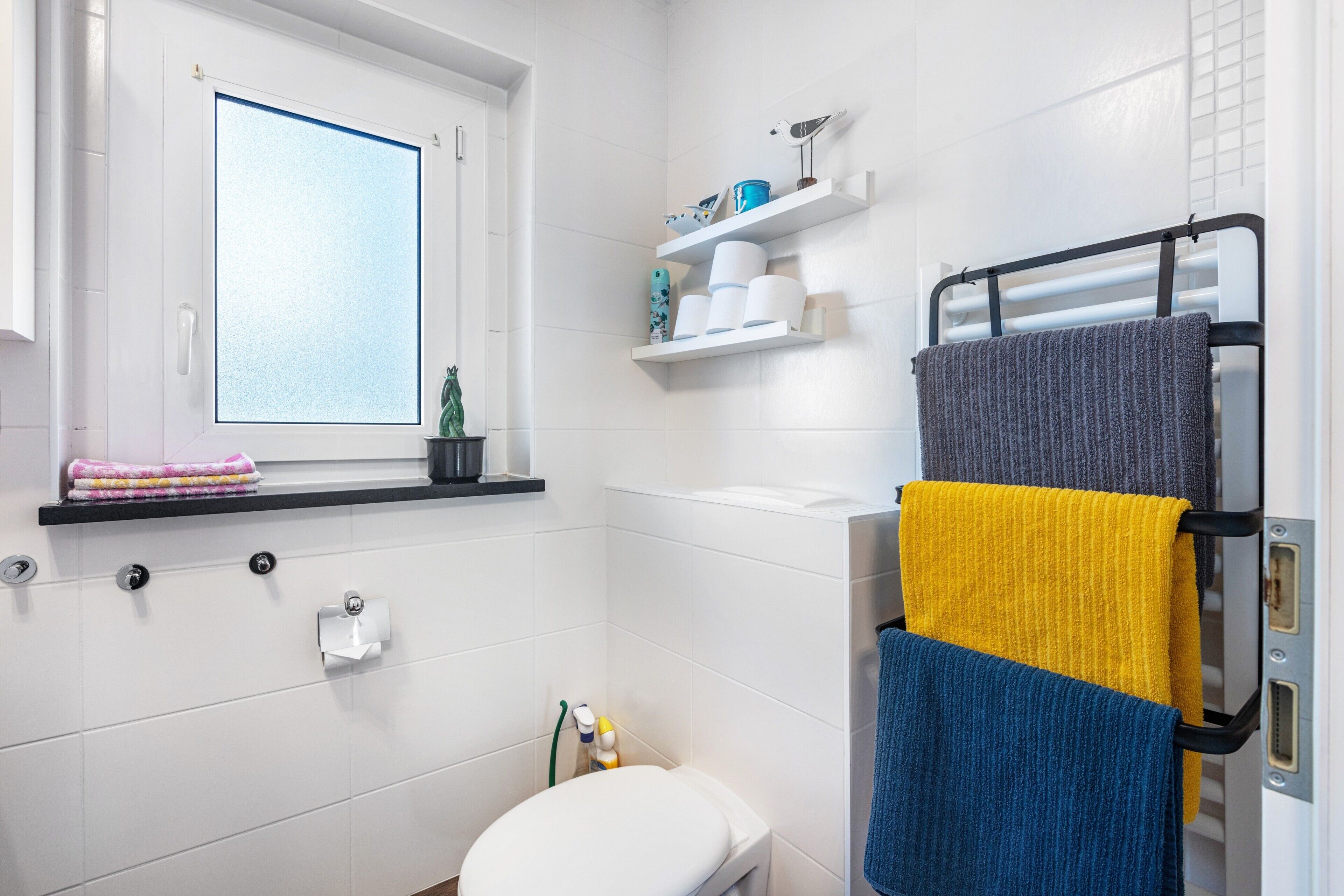 Chuveiro, secador de cabelo, toalhas de banho 