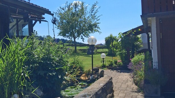 Un camino pavimentado que conduce a un edificio con una pérgola y un jardín con un estanque y plantas.