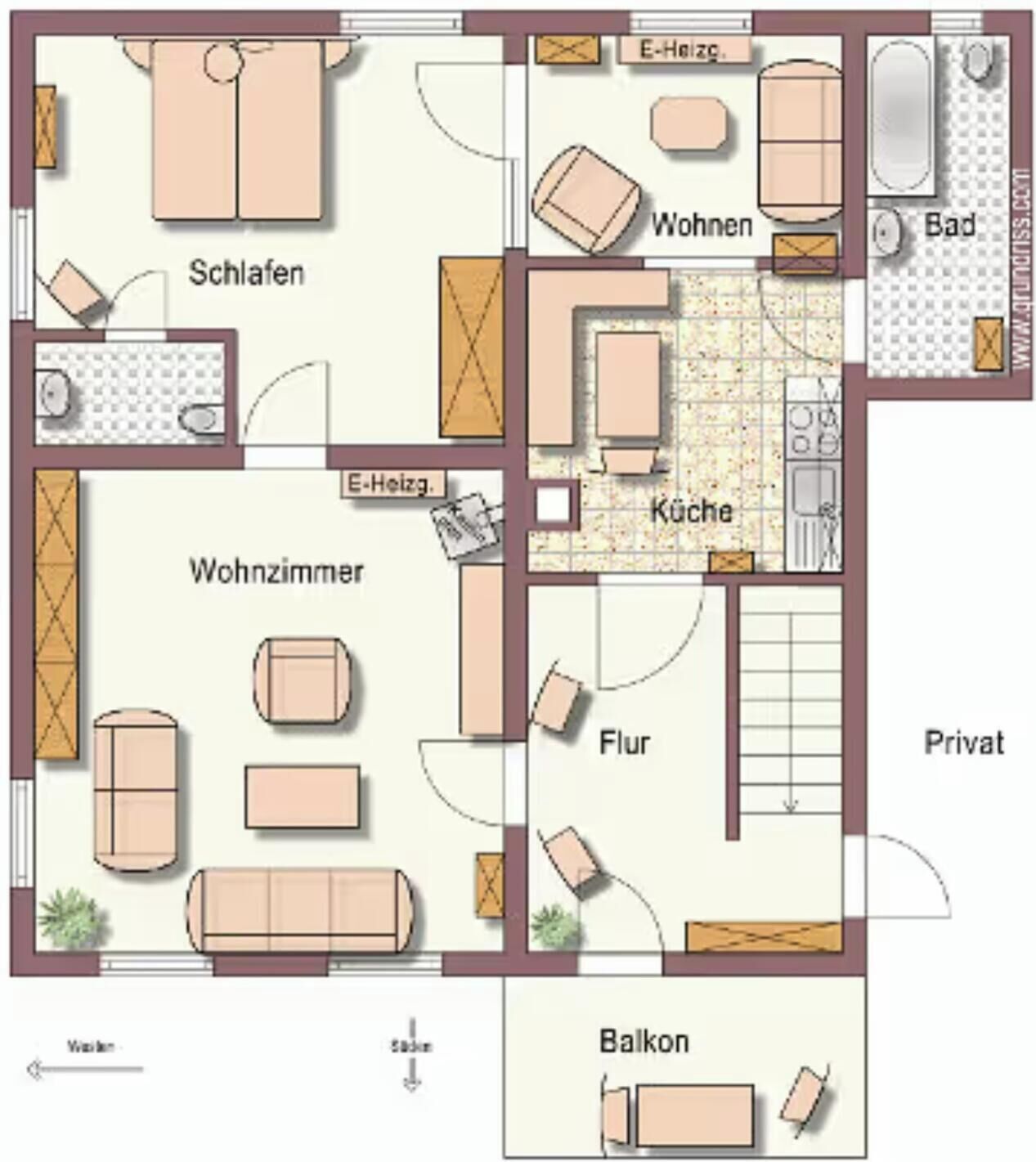 Distribución de un hotel que incluye sala de estar, recámaras, cocina, baño y balcón.
